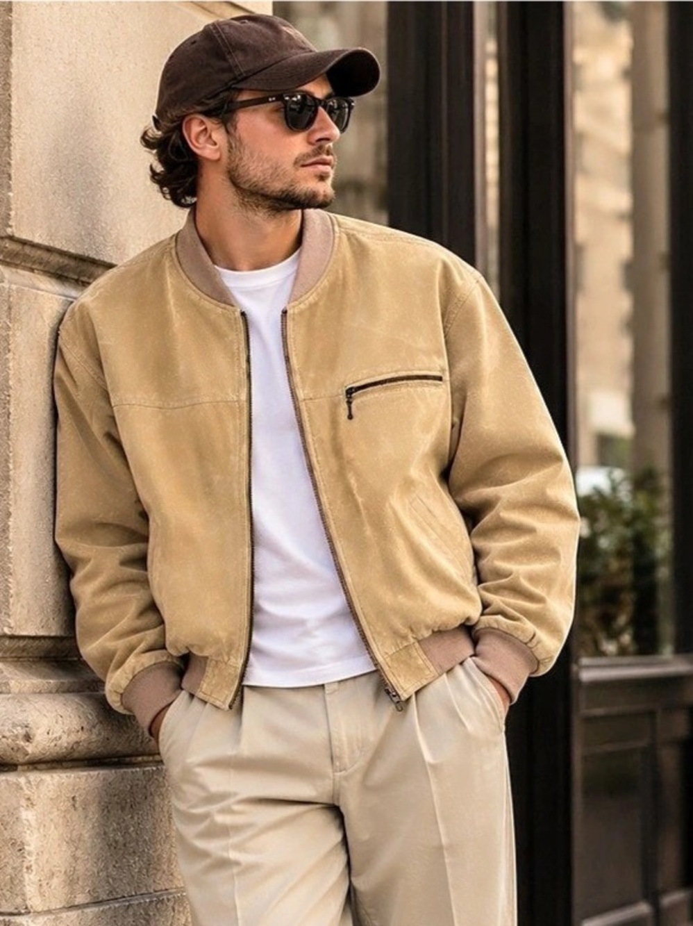 Vintage Marcel Clair Genuine Suede Leather Bomber Jacket Men’s M Tan Oversized